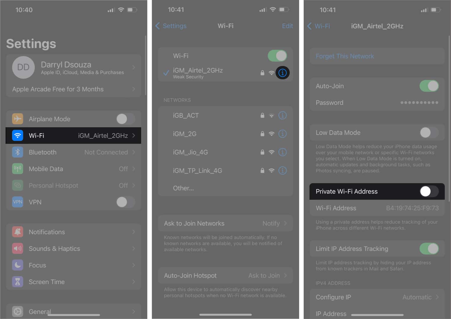 Disable Private Wi-Fi Address in Settings on iPhone