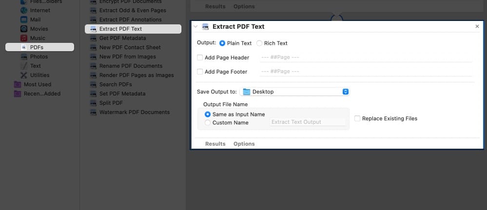 Export pdf to text in automator app on a macbook