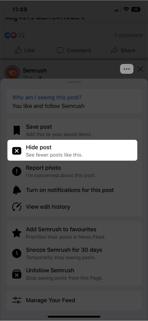 Hide post on facebook