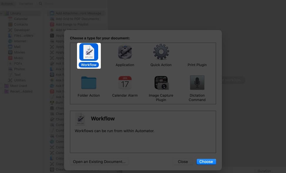 Choosing workflow in automator app on a mac
