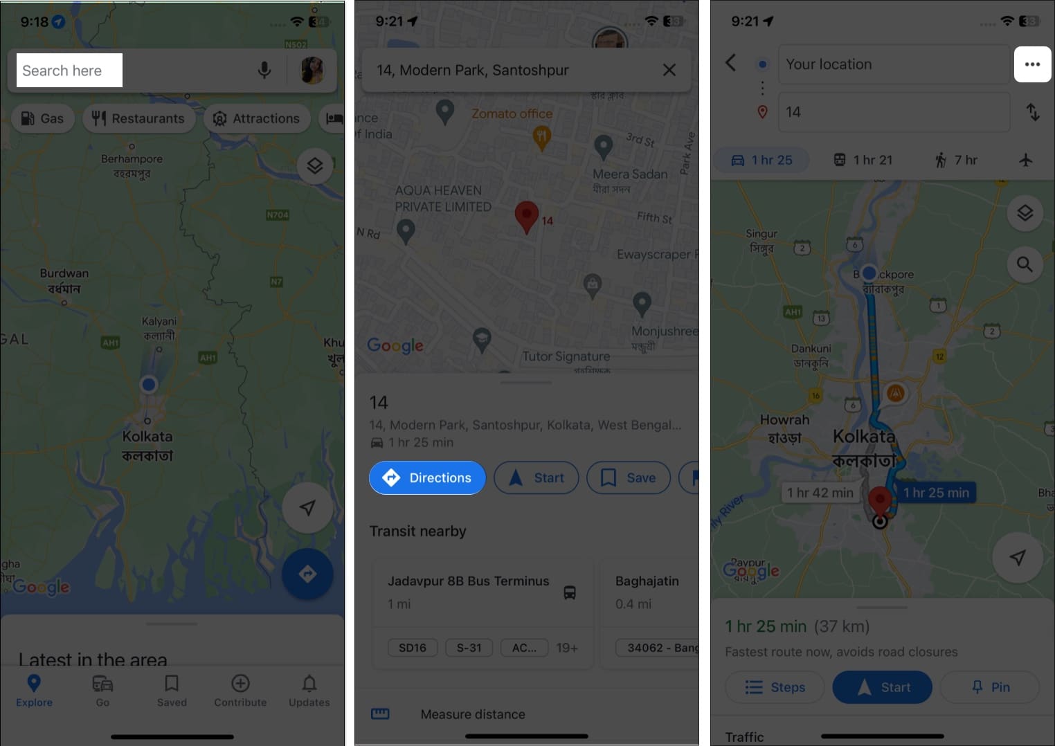 Select the three-dots button from the top right corner on Google Maps