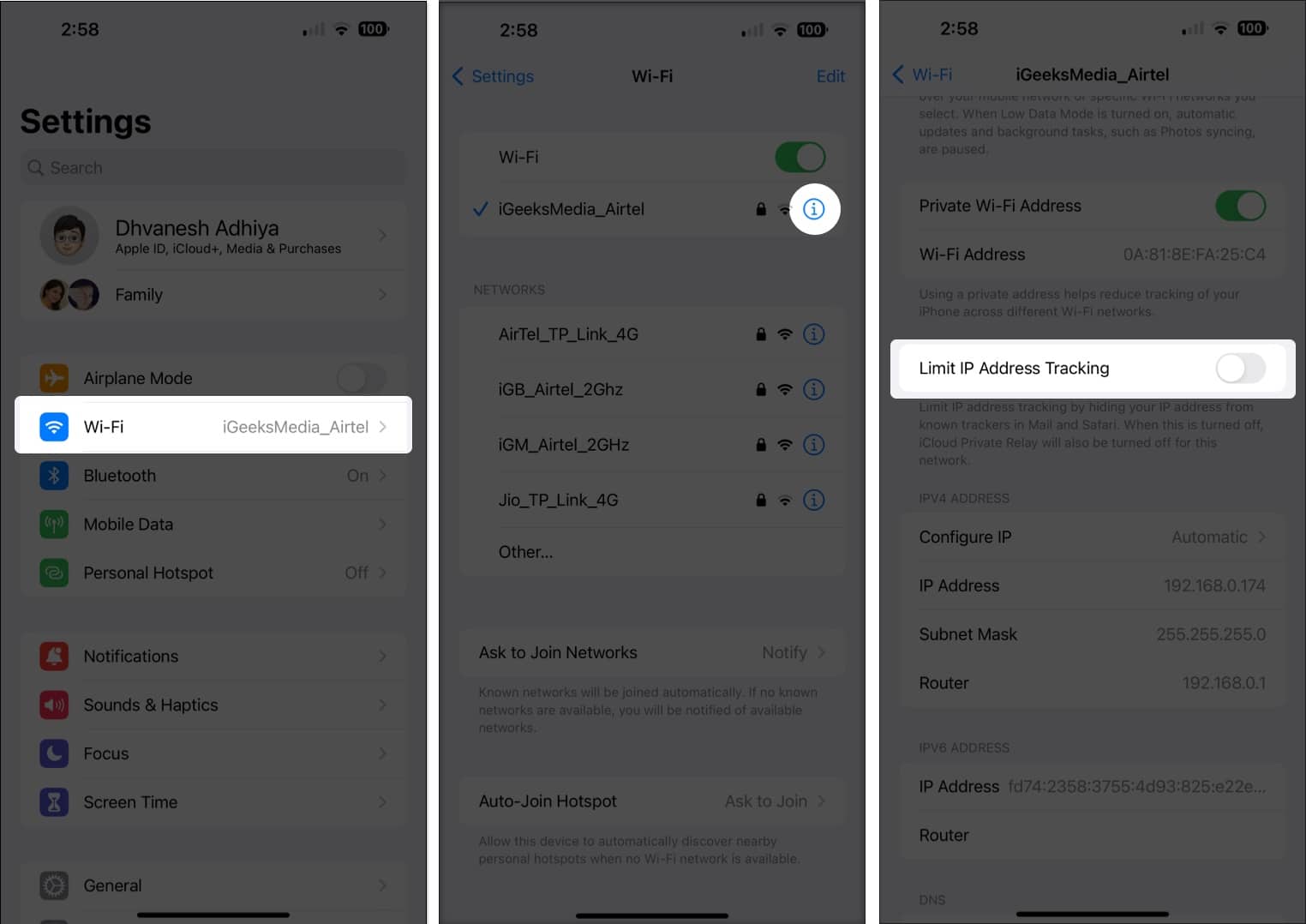 Turn on private relay on iPhone and iPad using Wifi, Go to Setting tap Wifi, Tap (i) on connected network, Toogle off ip address