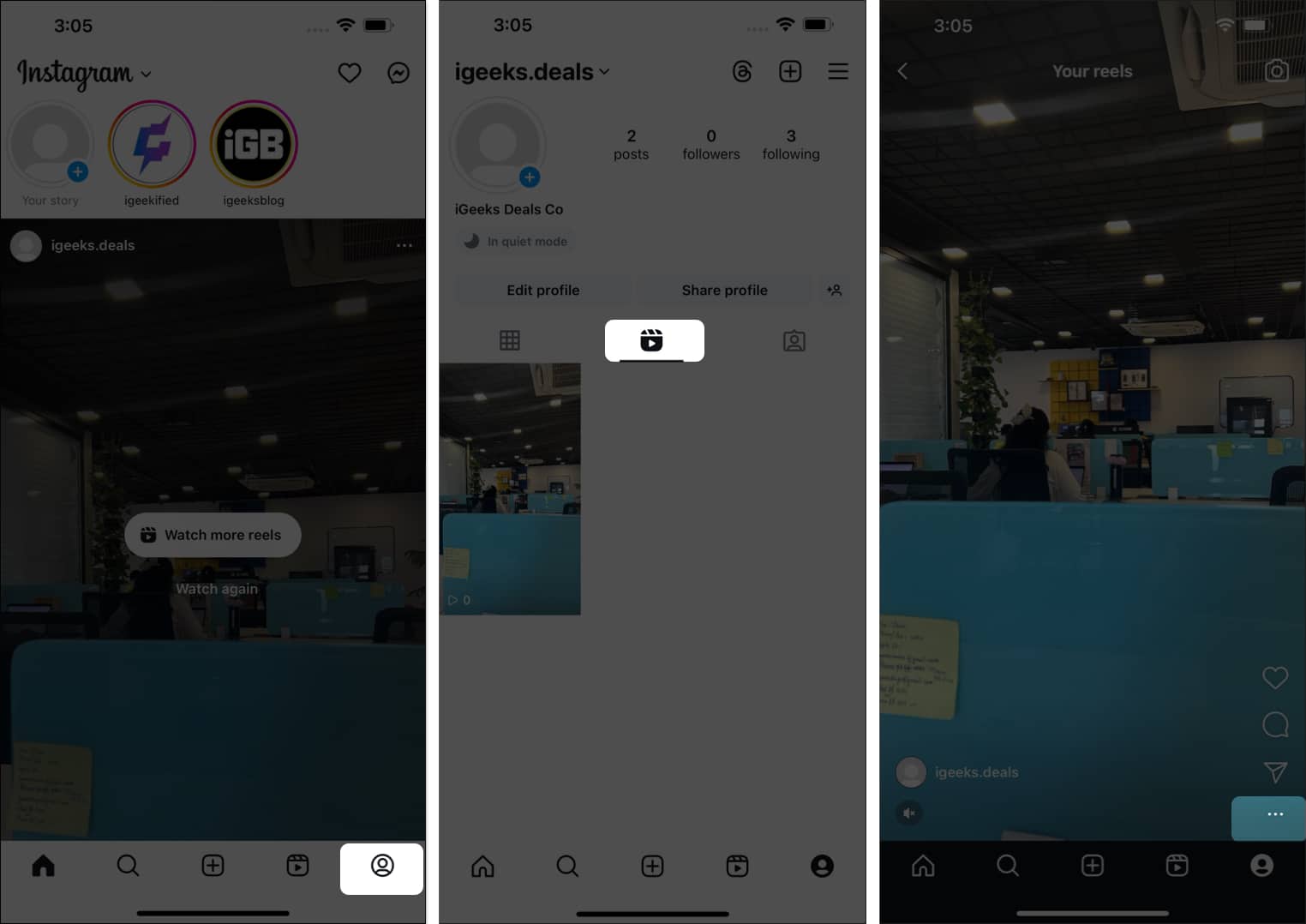 Tap on profile icon, select Reels icon, tap on three dots