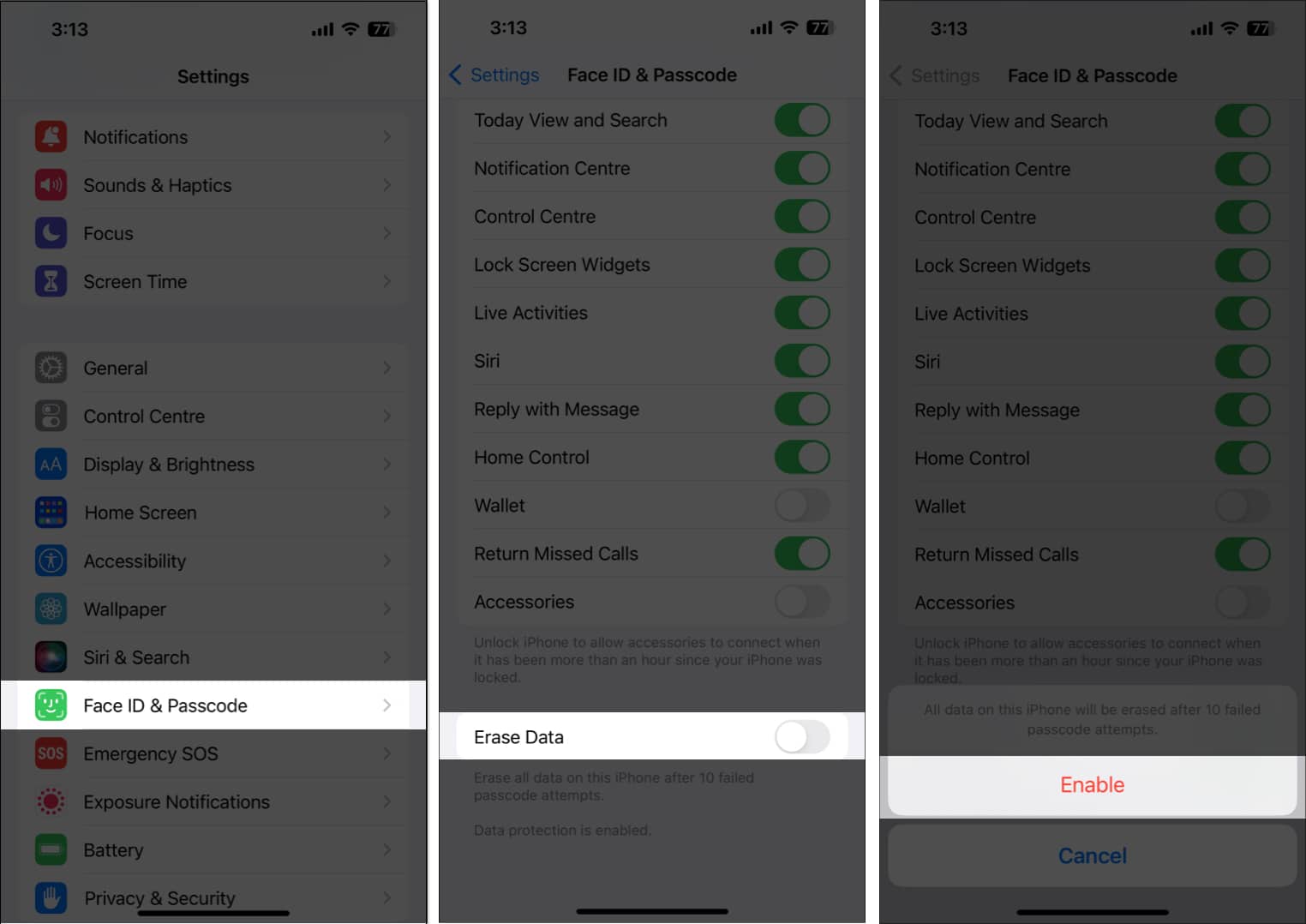 Turning on the Erase Data feature on an iPhone.