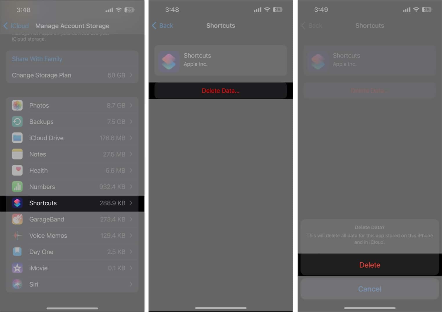 Tap shortcuts, delete data and delete in the settings app (1)