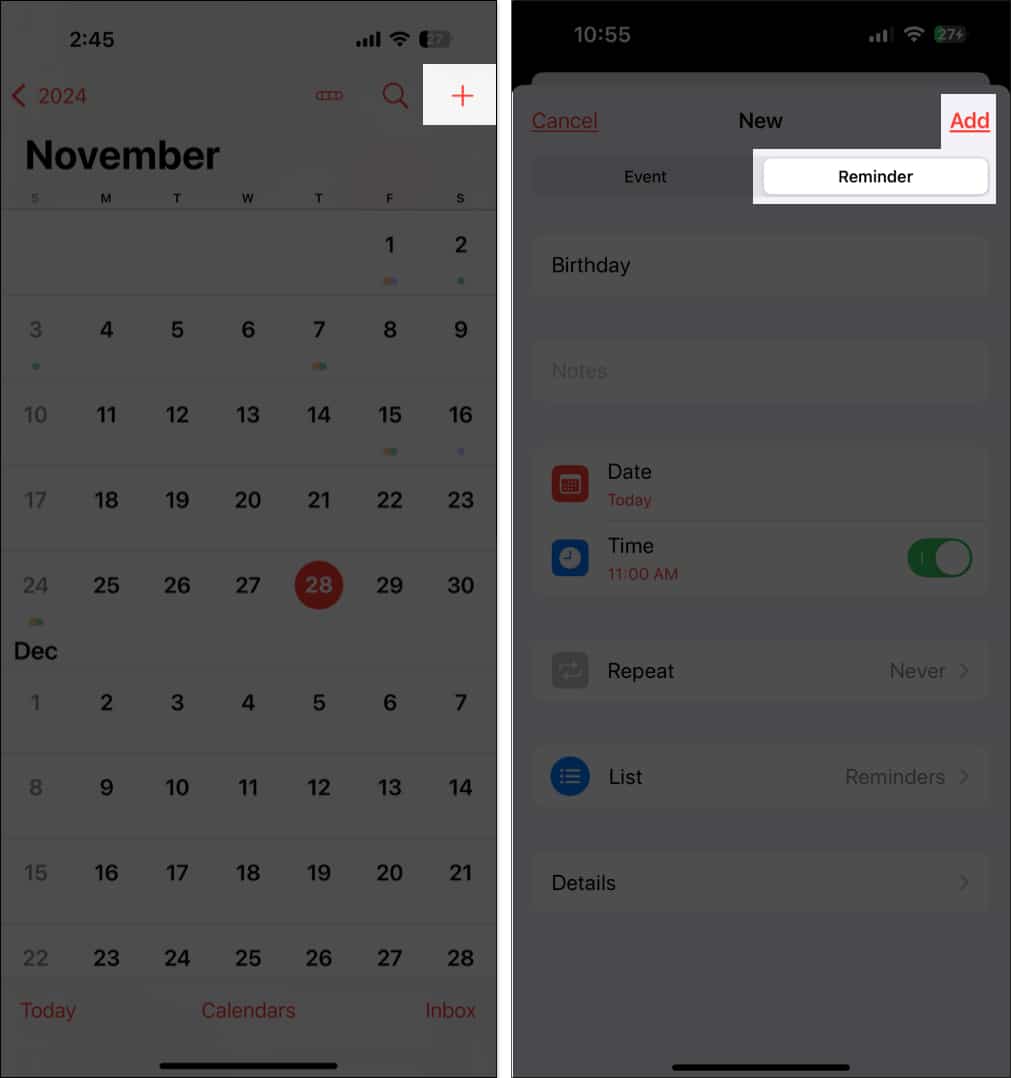 Create reminder in Calendar app on iPhone.