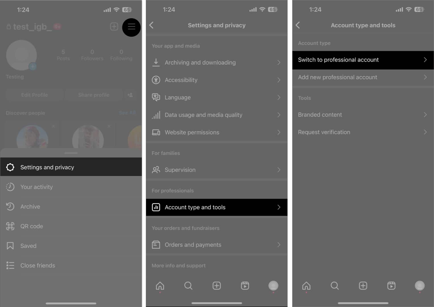 Go to settings and privacy, account type and tools, professional accounts in instagram