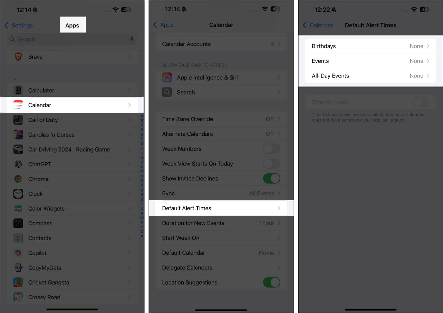 Select Default Alert Times for calendar events on iPhone settings app.