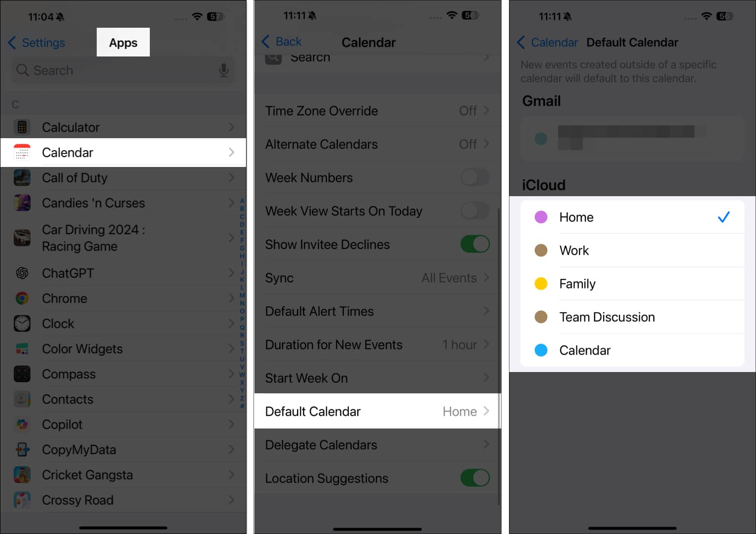 Select Default calendar in settings app on iPhone.