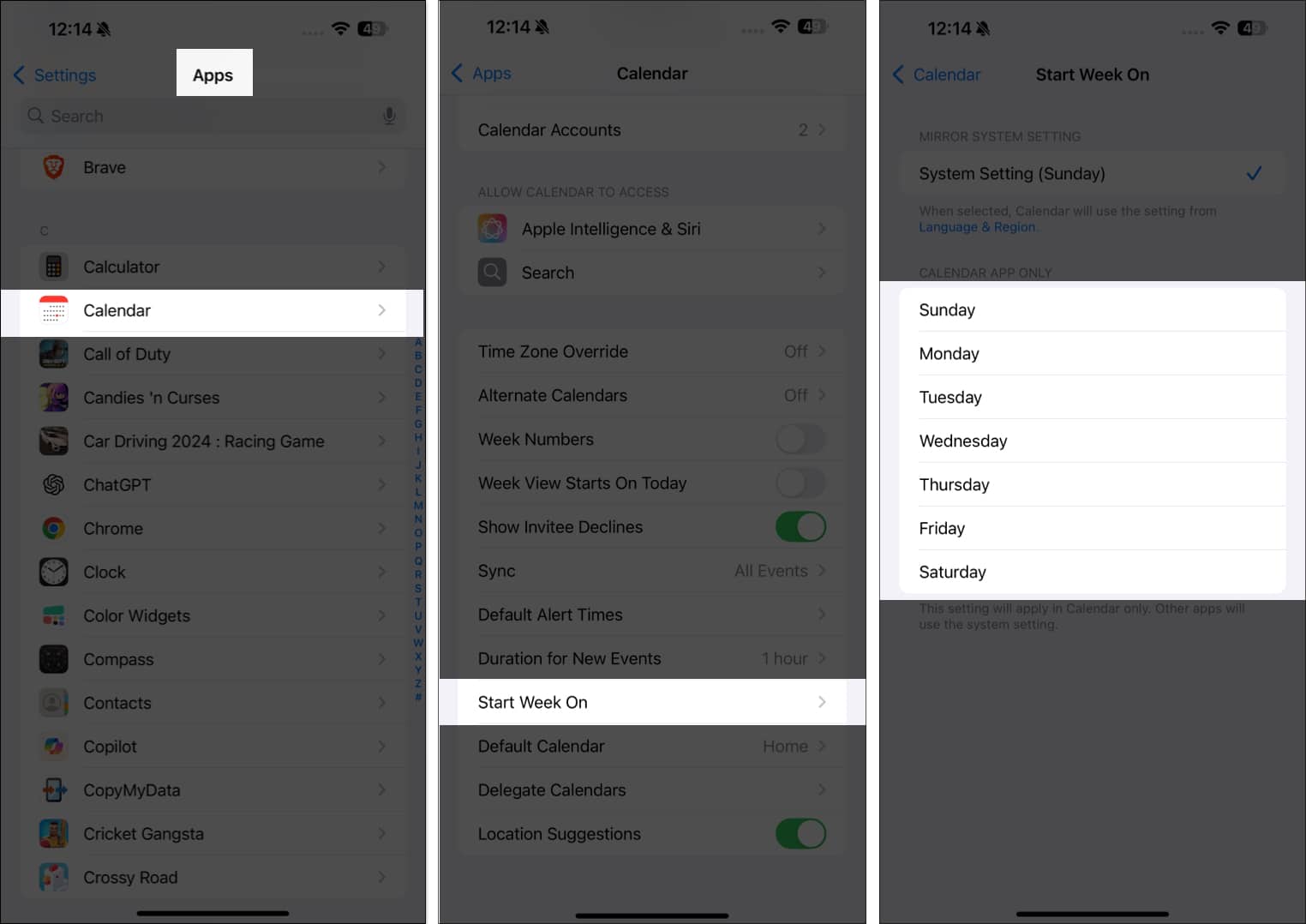 Select Start Week on for Calendar app on iPhone.
