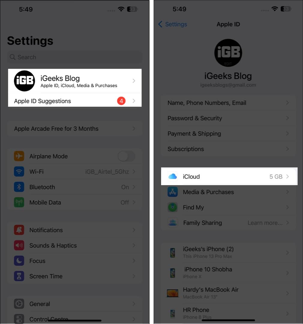 Tap Apple card, icloud in settings