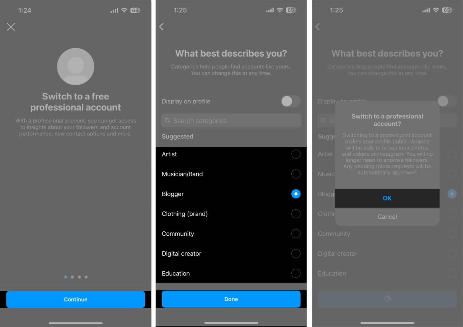 Tap continue, select category, tap ok in instagram
