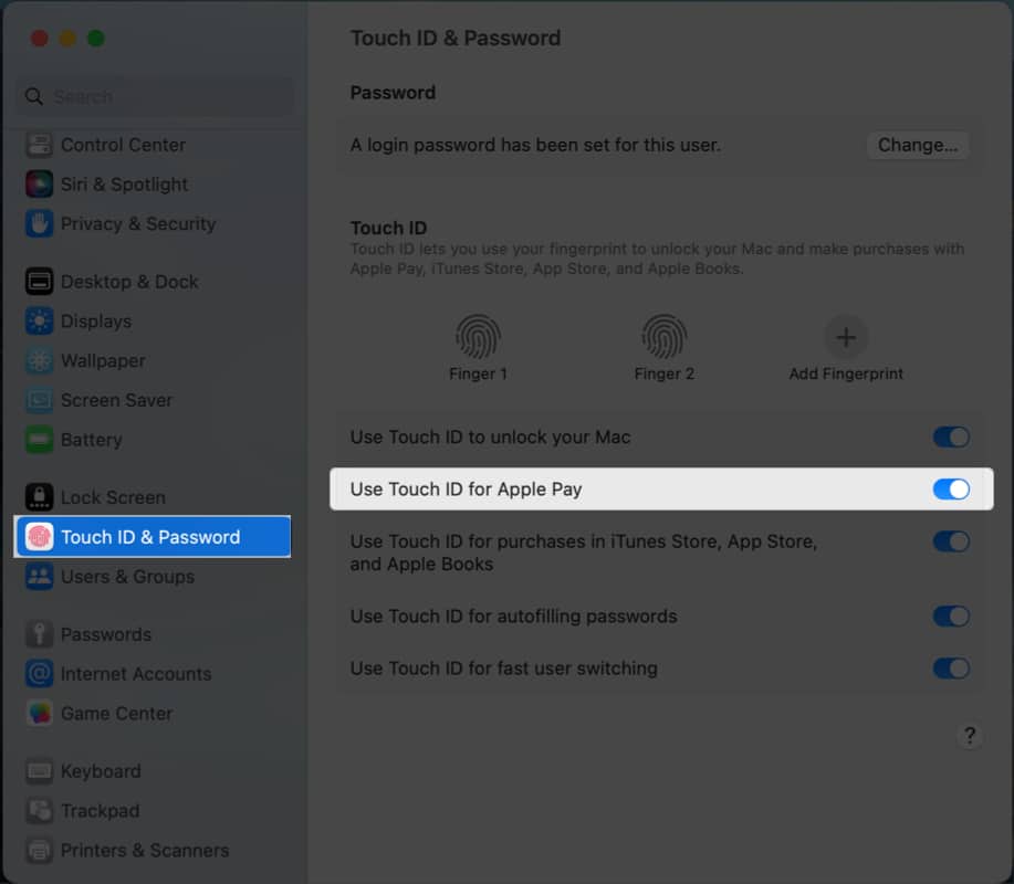 Toggle on Use Touch ID for Apple Pay