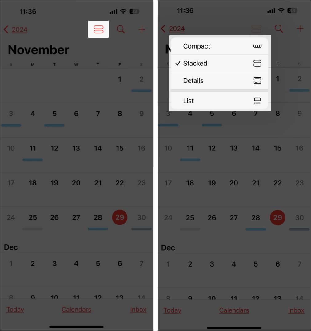 Types of Calendar View on iPhone Calendar app.