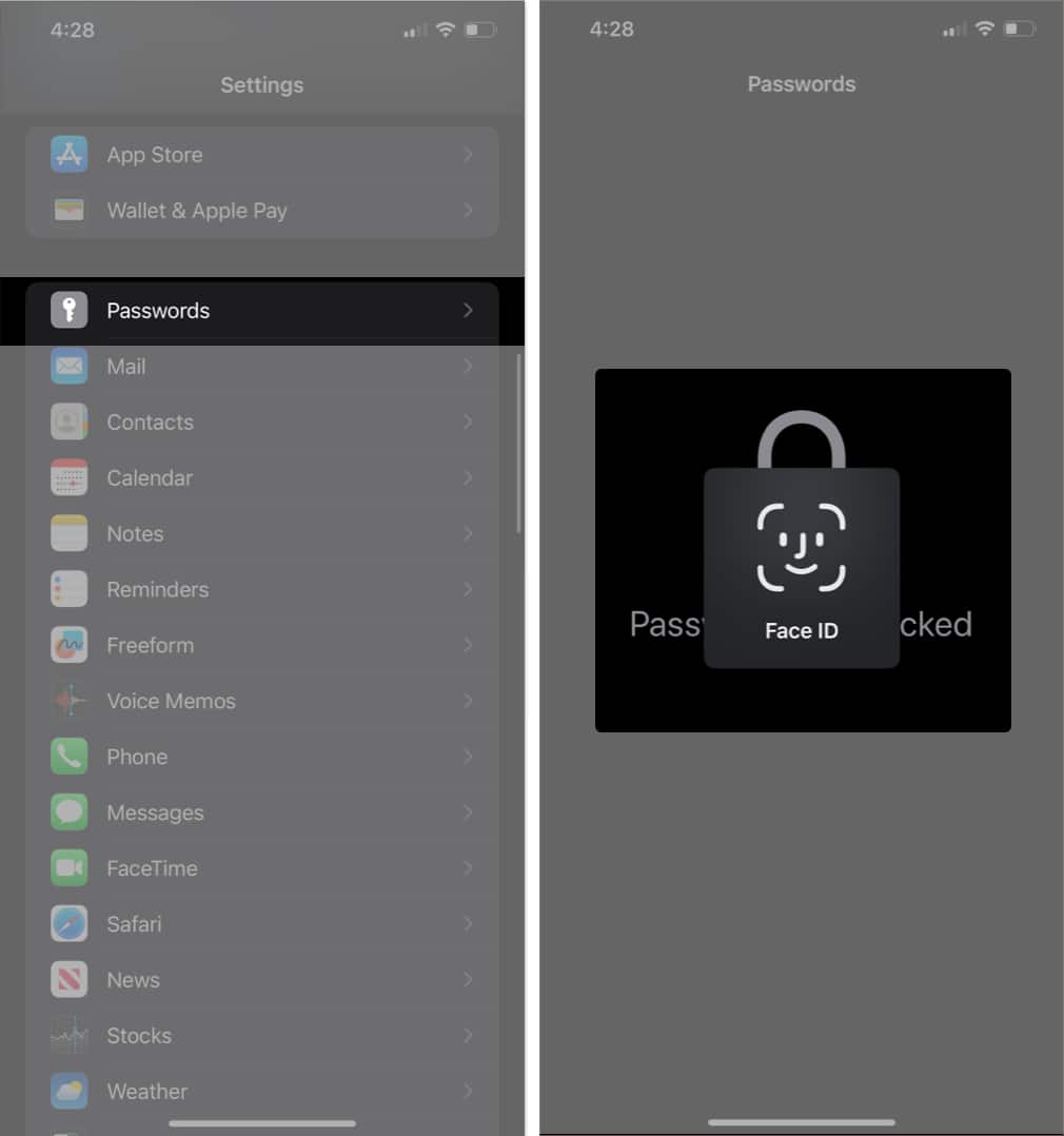 Unlocking access to view saved passwords in the Settings app.