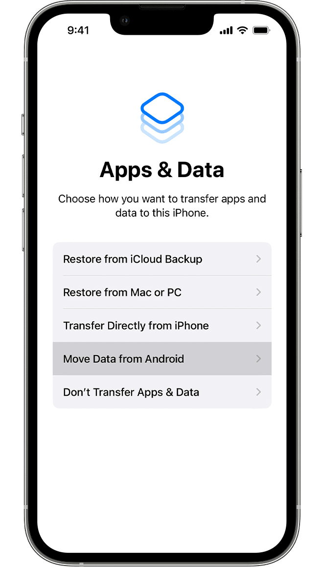 Move Data from Android option as part of the manual setup process on an iPhone.