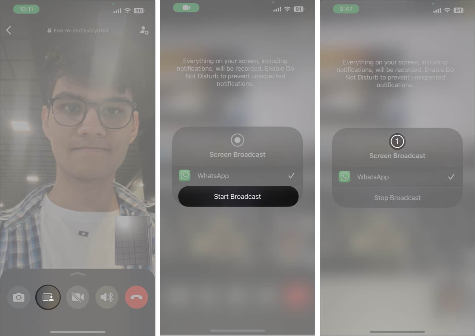 Tap screen share option, start broadcast in WhatsApp