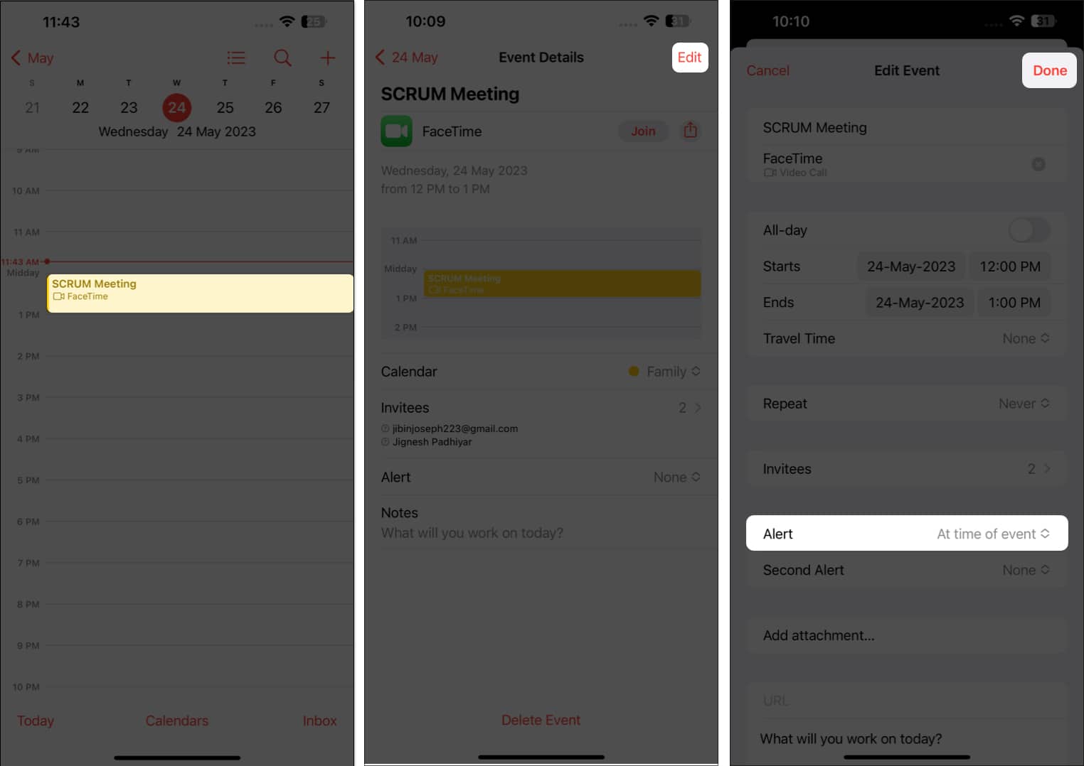Tap the meeting, edit, make changes, Add in calendar app