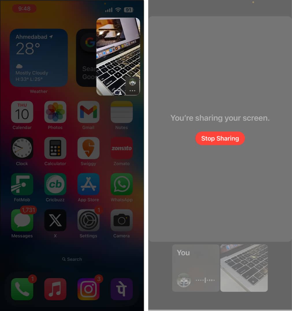 Tap the video call, Stop Sharing in WhatsApp