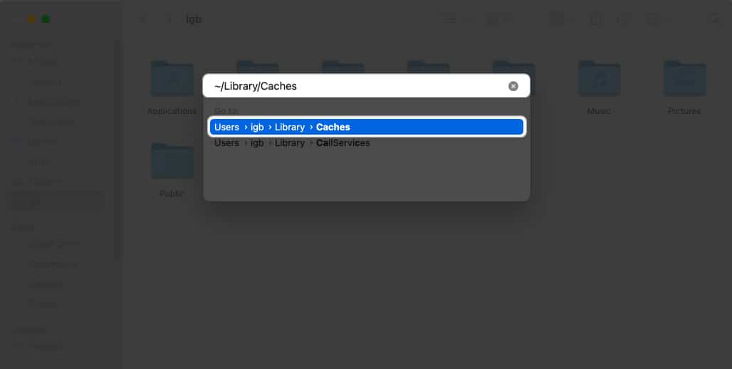 Type ~:Library:Caches and press Return