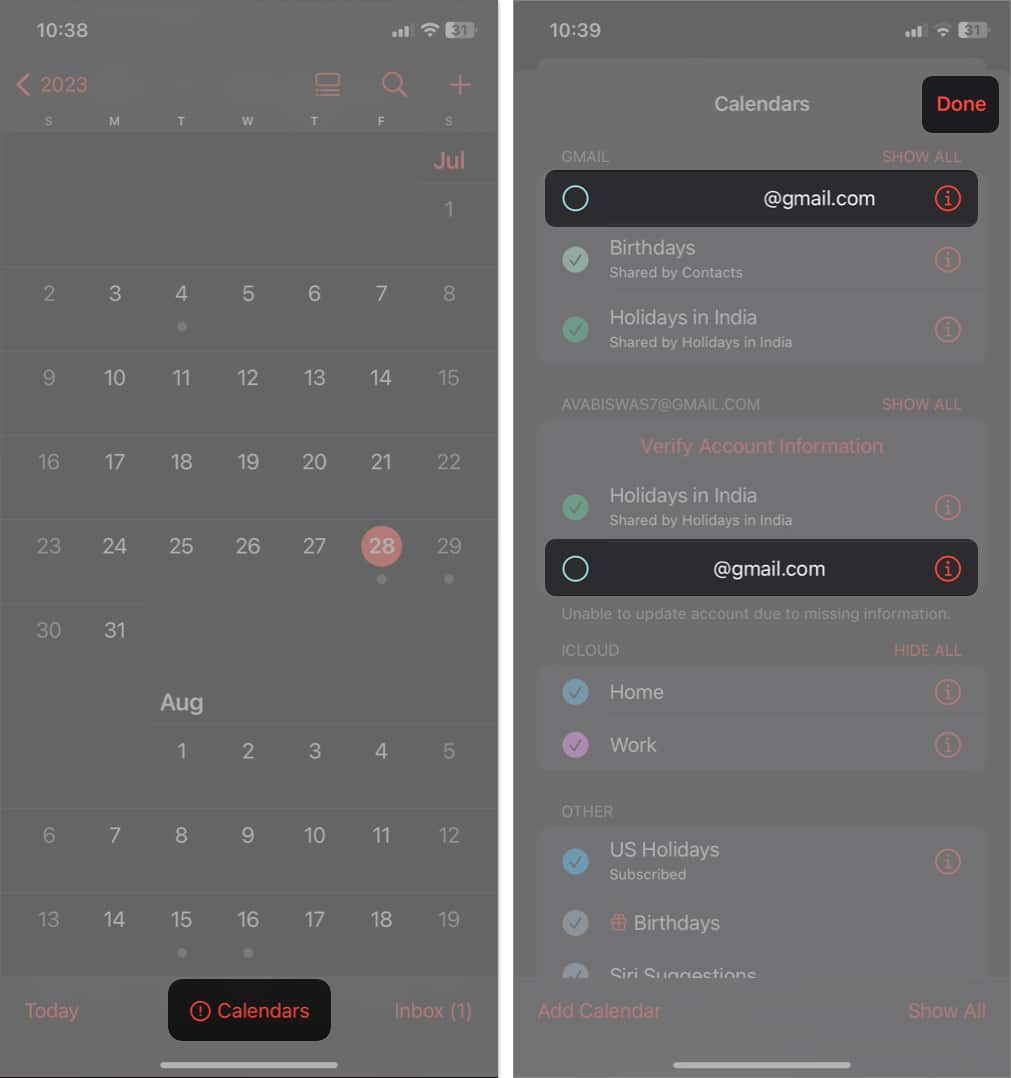 tap calendars, uncheck gmail addresses, tap done in calendars