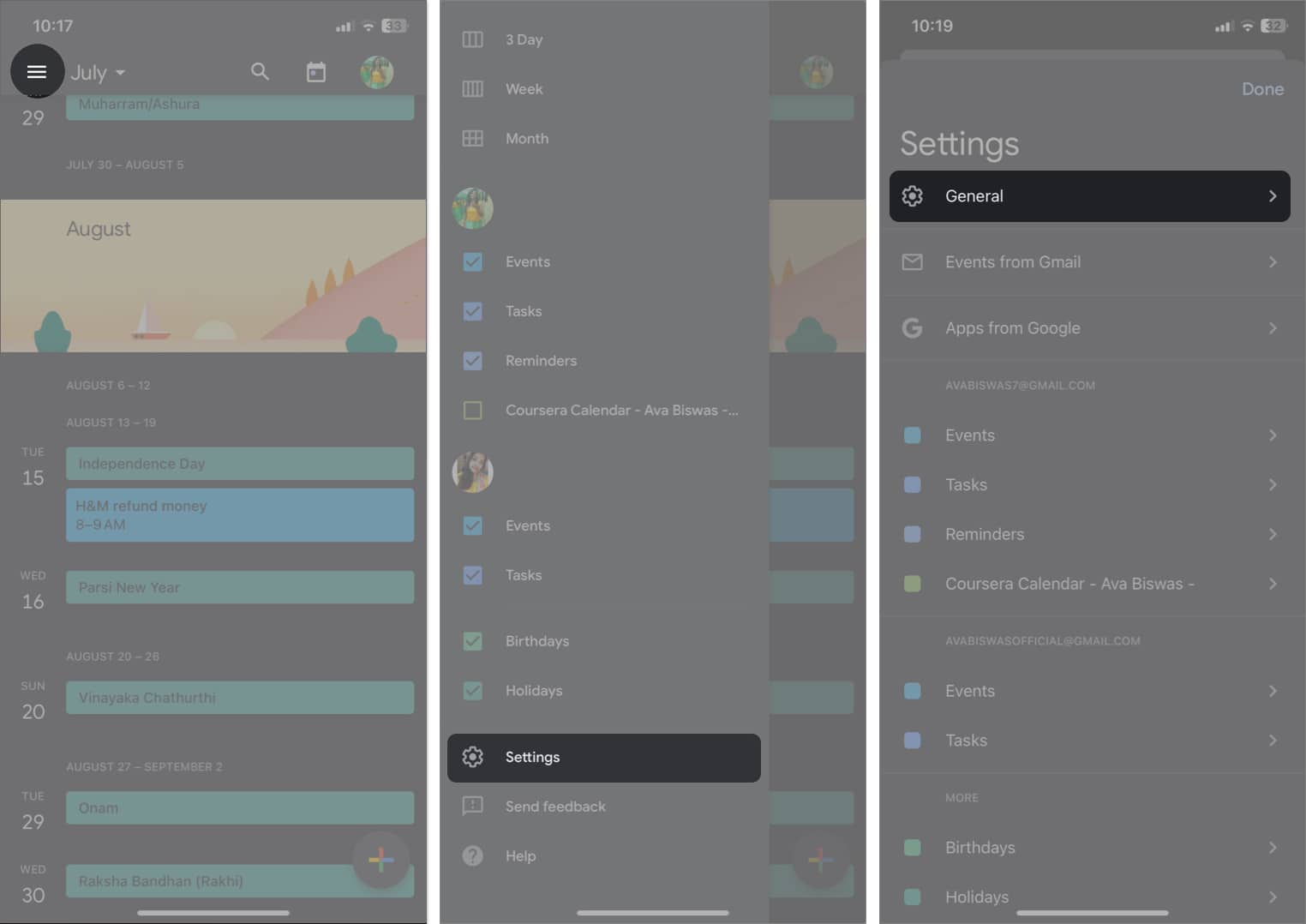 tap three lines icon, tap settings, tap general in google calendar