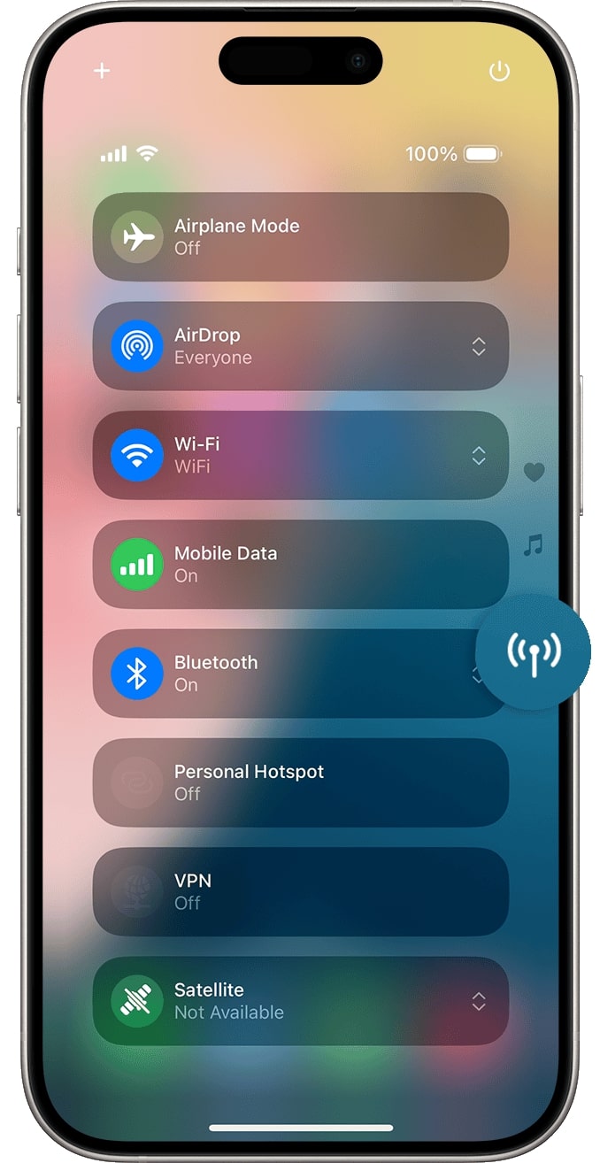 Control center connectivity satellite in ios 18