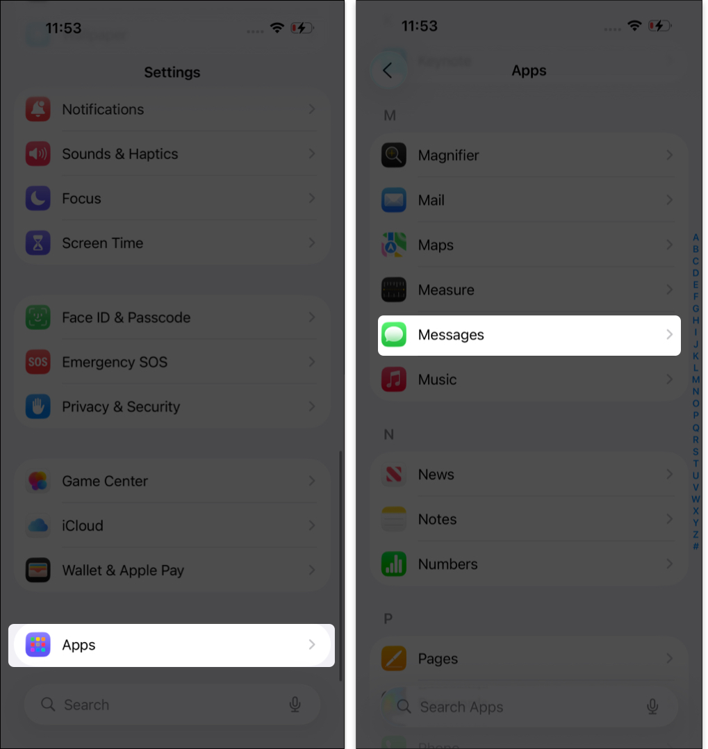 Open Settings, Tap Apps and Choose Messages