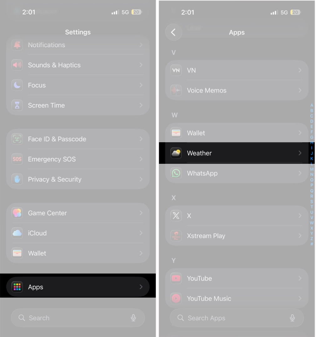 Open Settings go to Apps and select Weather