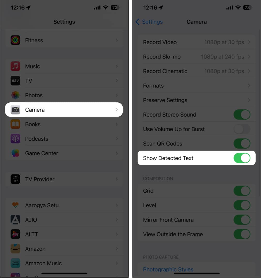 Tap Camera, toggle on Show Detected text