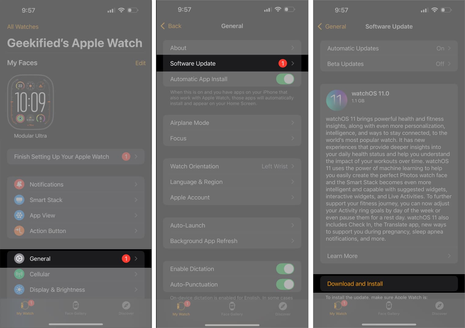 Checking and installing pending watchOS updates through the Watch app on an iPhone.