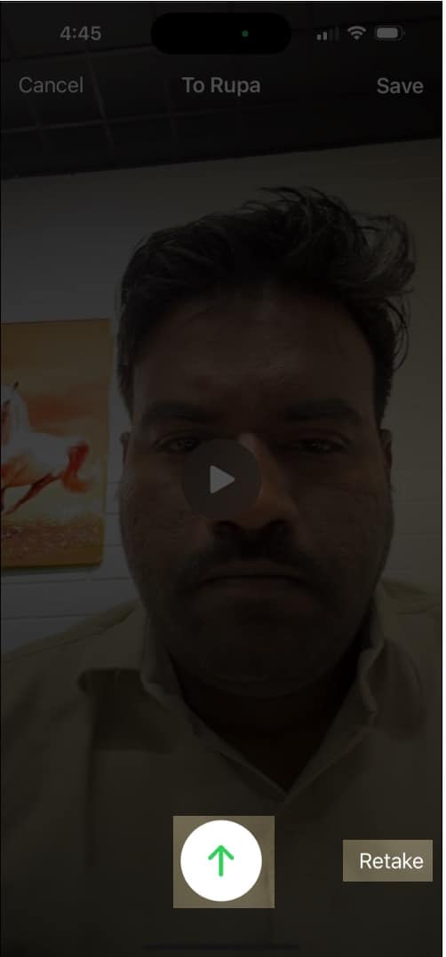 Tap on Up arrow icon to send FaceTime video message or choose Retake.