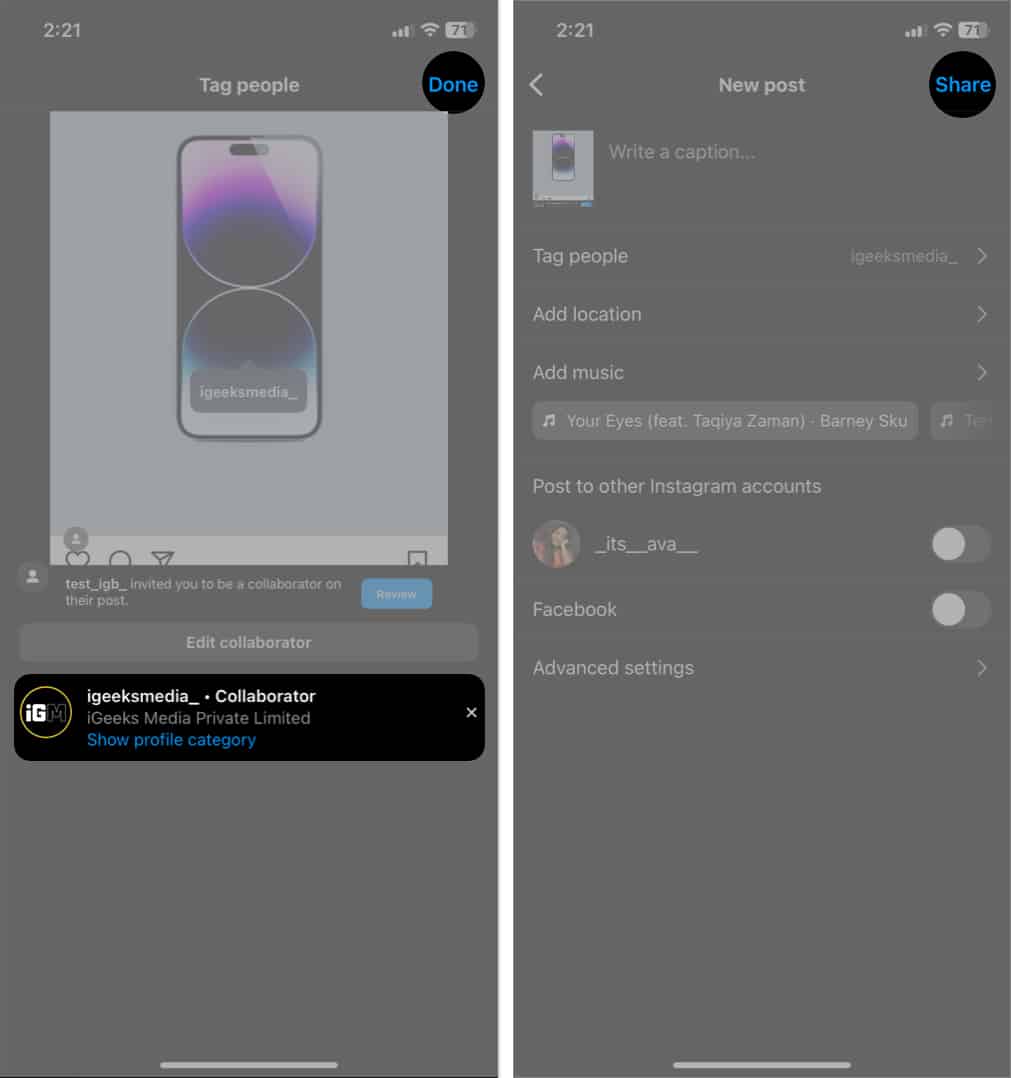 tap done, tap share in instagram