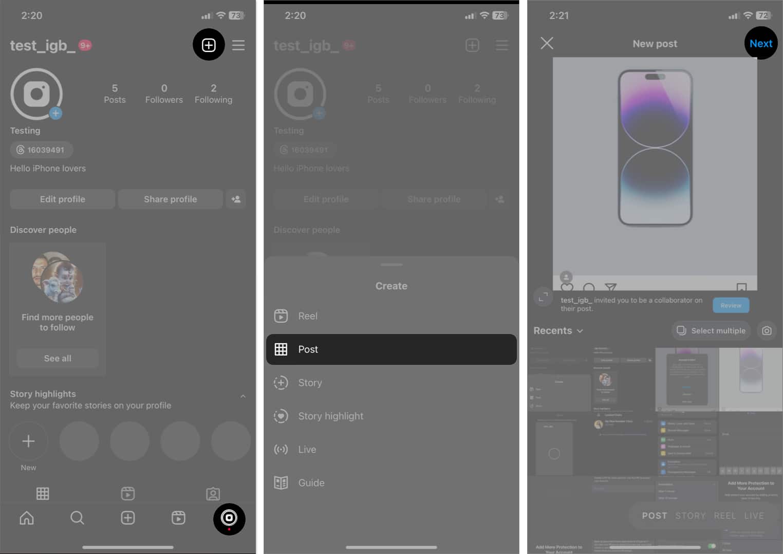 tap profile icon, tap plus sign, select post, choose image, tap next in Instagram