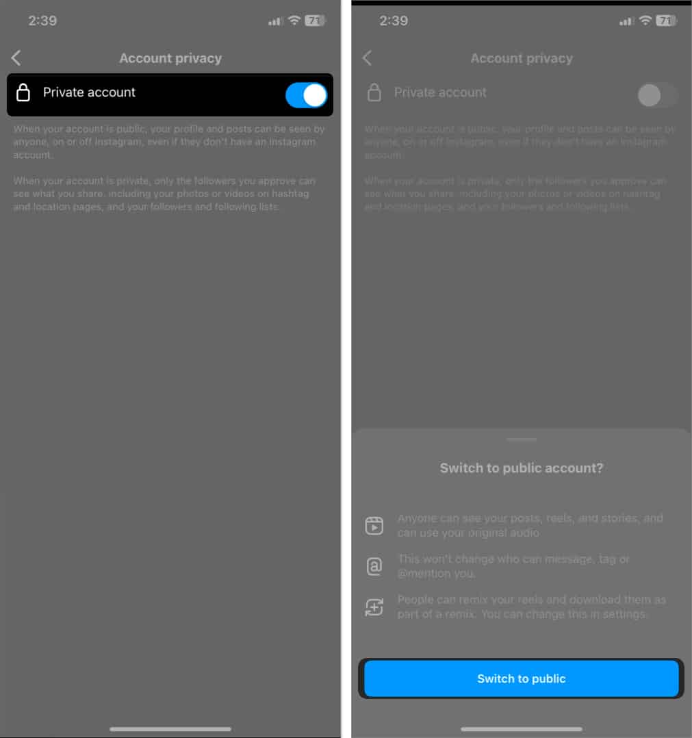 toggle off private account, tap switch to public in instagram