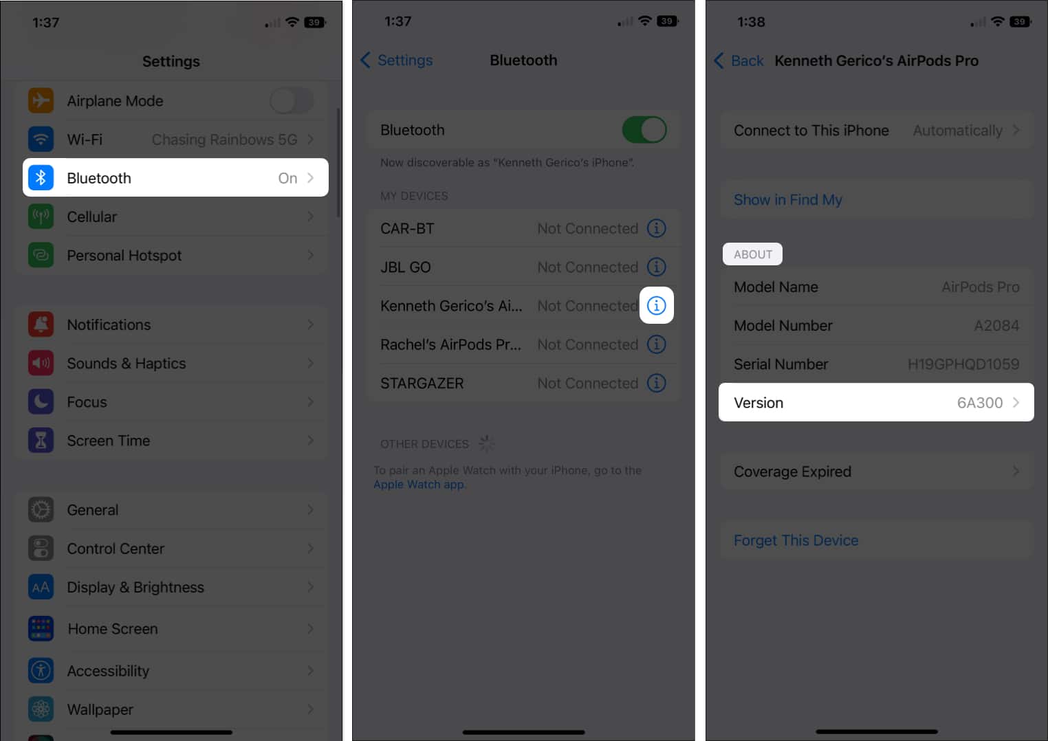 Open bluetooth settings and tap on i to check Airpods or Airpods pro firmware on iPhone.