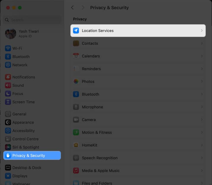 Click Privacy & Security, Location Services