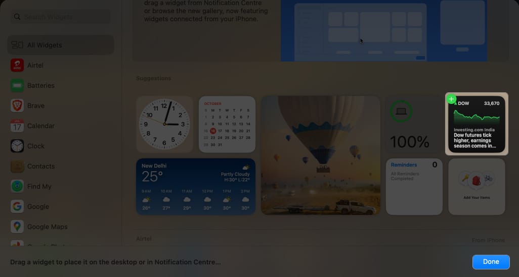 Click the Widget, Done