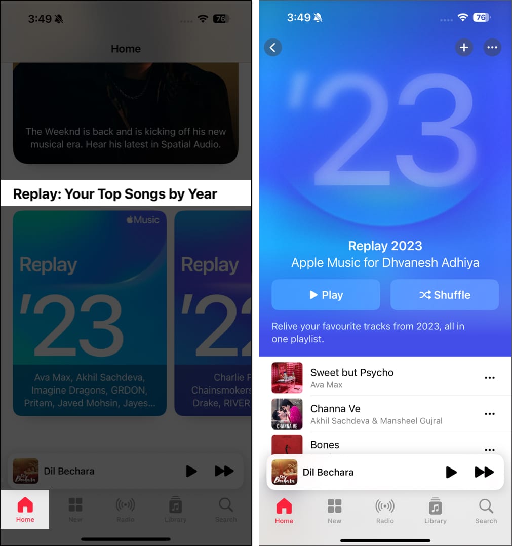 Scroll to the bottom in Apple Music app to view music replay.