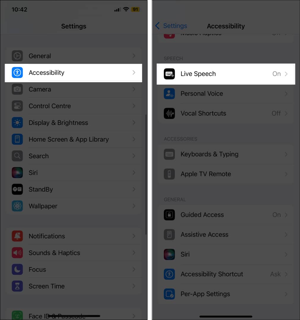 Select Live Speech in Accessibility settings on iPhone.
