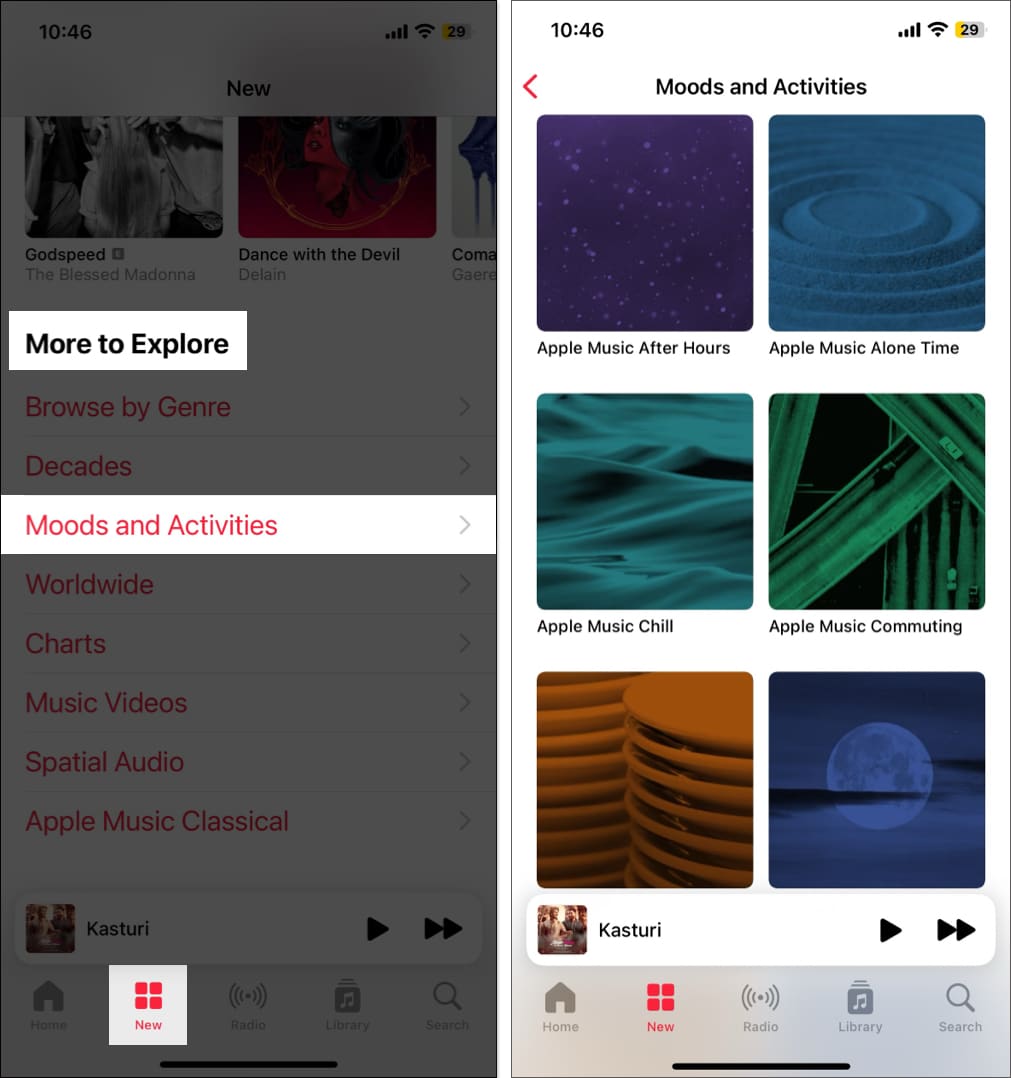 Select Moods and Activities in explore section in New tab on Apple Music.