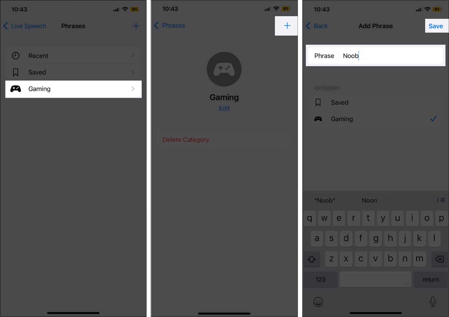 Select new category and tap on plus icon and save new phrase.