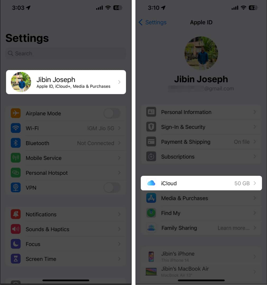Tap Apple ID, Select iCloud