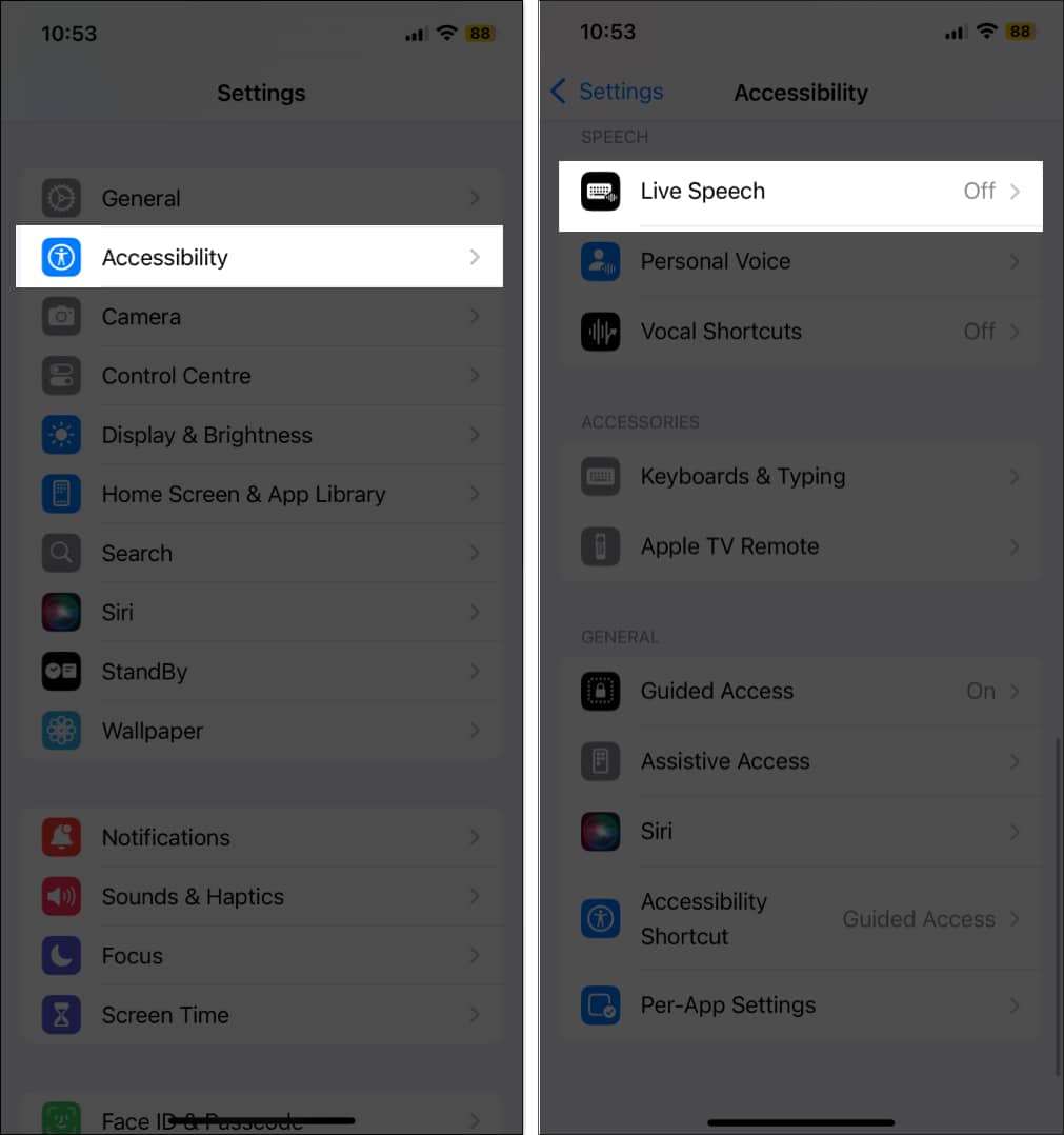 Tap on Live Speech in Accessibility settings.