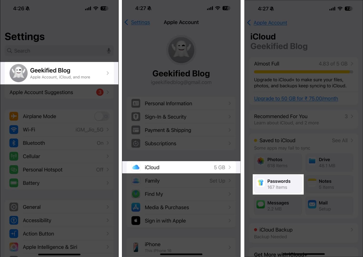 Access Apple ID settings in Settings app and navigate to iCloud and Passwords.