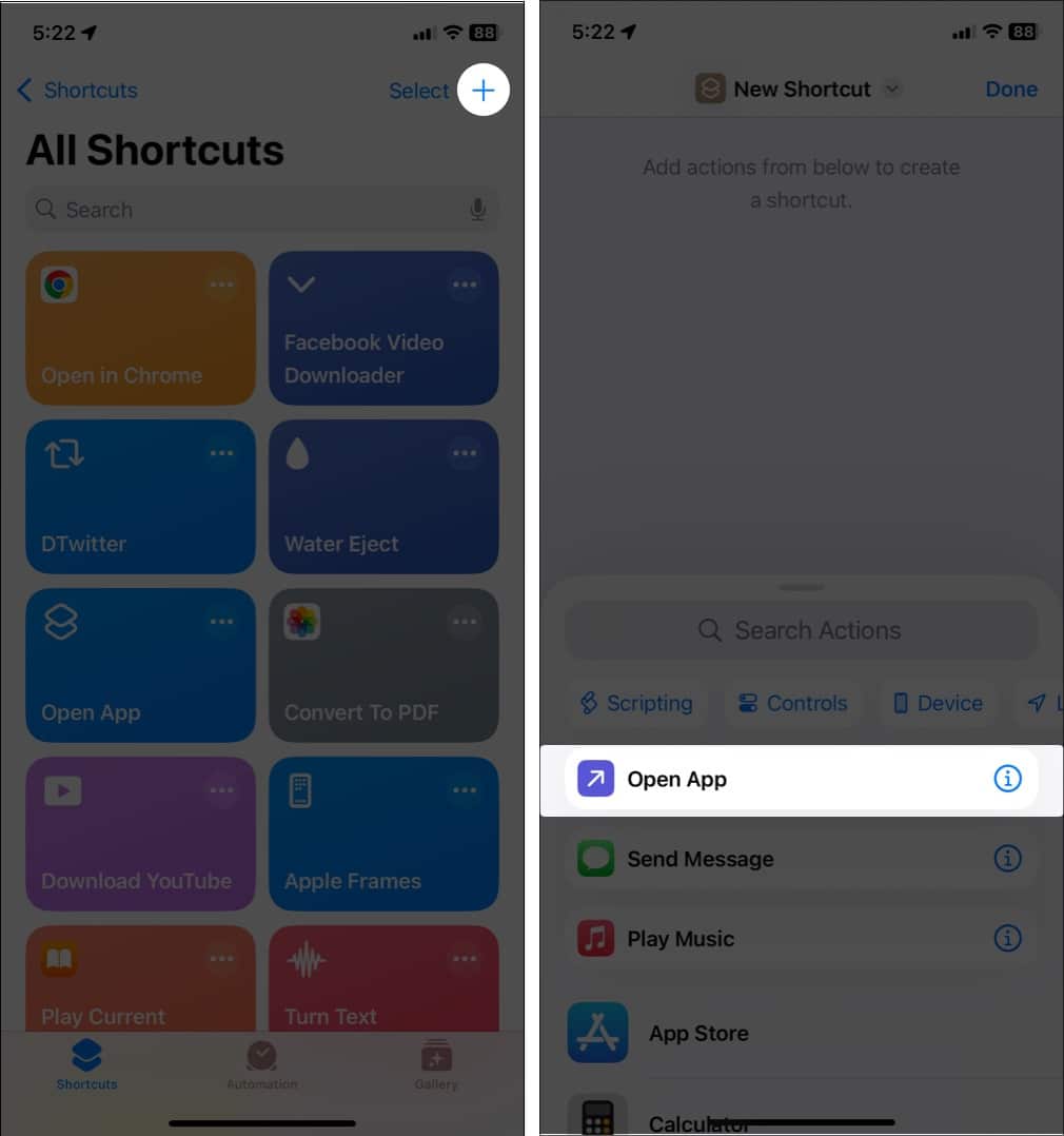 Open Shortcuts app tap plus sign and search Open App action.