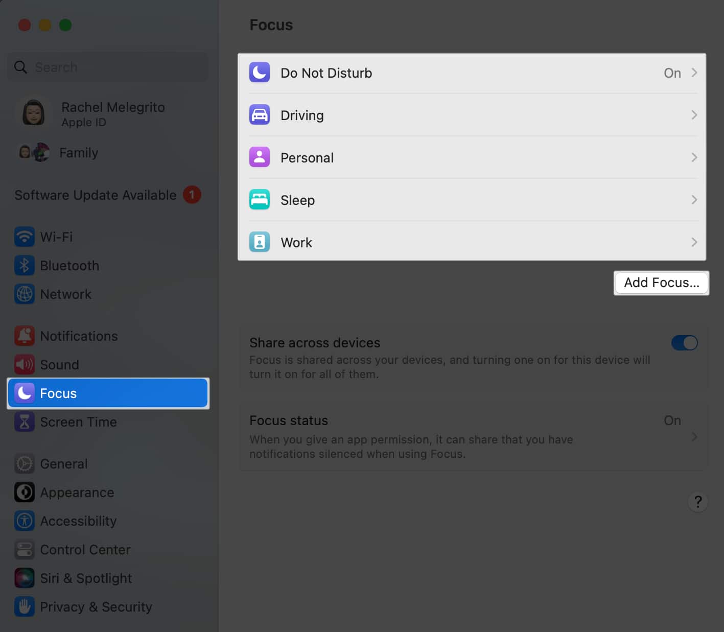 Open System Settings, Focus and add Focus