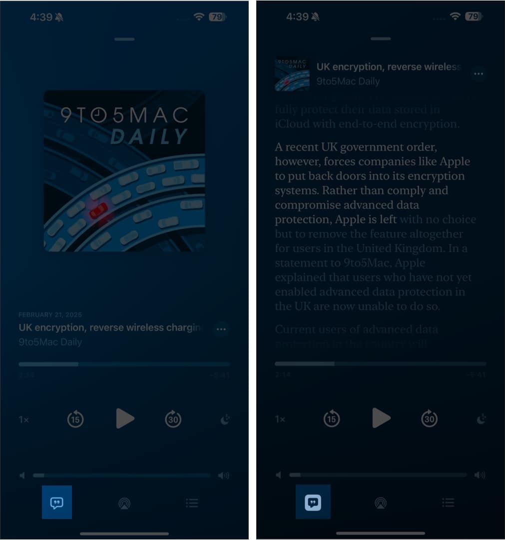 Podcasts app showing transcript icon to share specific podcast moments.