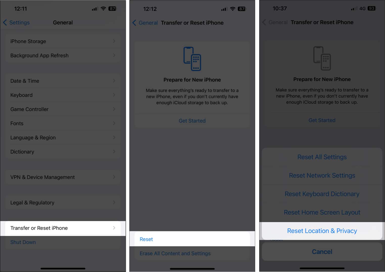Reset Location & Privacy option in iPhone Settings app.