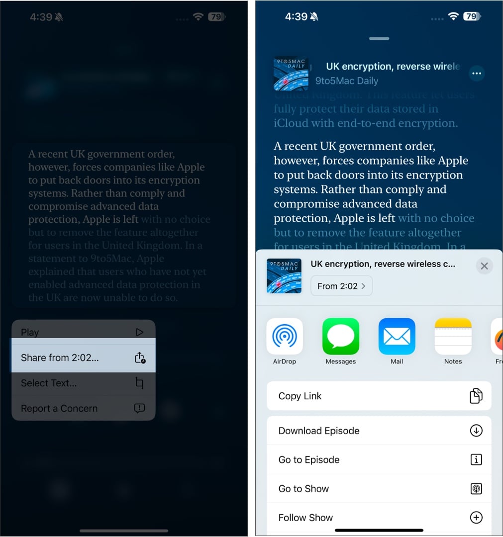 Steps to share a podcast from a specific point on iPhone.